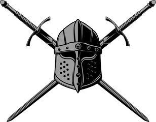 Illustration of knight's helmet and crossed swords. Knight's swords. Design element for emblems, sign, banner. Vector illustration - obrazy, fototapety, plakaty