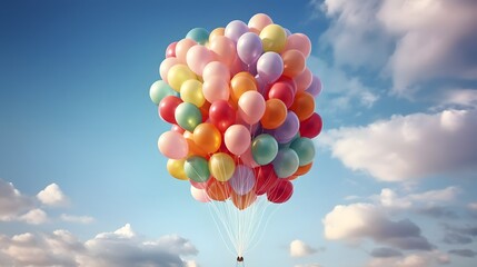 Bouquet, bunch of balloons flying up in the sky - obrazy, fototapety, plakaty