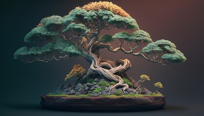 little bonsai tree with wide spreaded treecrown meditation design illustration