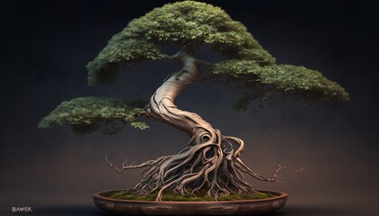 little bonsai tree with roots meditation design illustration