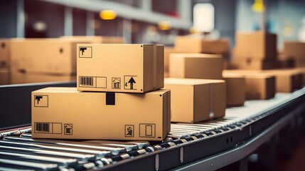 Cardboard boxes on conveyor belt line isolated on white grey background. Distribution warehouse. E-commerce, storage, delivery and packaging service concept.