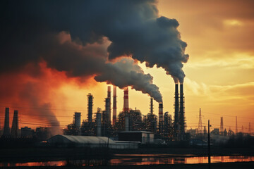 Oil refinery plant from industry zone, Aerial view oil and gas industrial, Refinery factory oil storage tank and pipeline steel at sunset. Smoke from the pipes.
