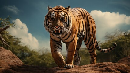 Tiger panthera tigris standing on beautiful nature background