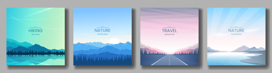 A collection of landscapes. Sunset near the river, mountain ranges and forest, road in the mountainous area. Vector illustration. Design for postcard, greeting card, cover, poster.