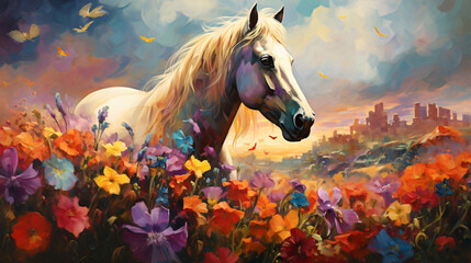 Horse with his foul in a field of flowers