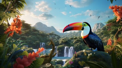 Tucan ramphastos toco on beautiful amazon forest background, Ramphastidae in a rainforest of the Americas - obrazy, fototapety, plakaty