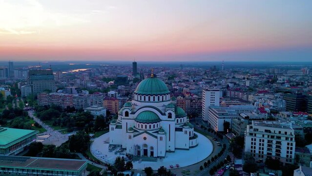 Belgrade Golden Hour 360&deg; Panorama, Aerial, St. Sava Church, Serbia