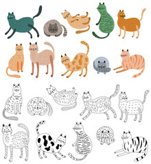 Obraz premium Set of cute cartoon cats. Hand drawn illustration in doodle style.