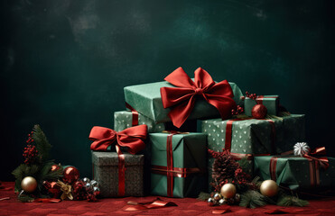 Fototapeta na wymiar Elegant Christmas Presents on Green Background