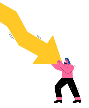 Financial crisis. Business woman pushing falling down arrow with full effort. Flat vector illustration isolated on white background
