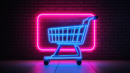 Neon supermarket shopping cart trolley for on brick wall background for sale and online shopping concept. - obrazy, fototapety, plakaty