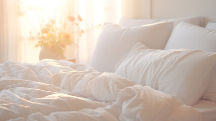 White bedding sheets and pillow background, Messy bed concept