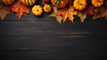 Naklejka na ściany i meble Festive Autumn Decor on Black Wooden Background, Pumpkin aand Leaves on Dark Wood