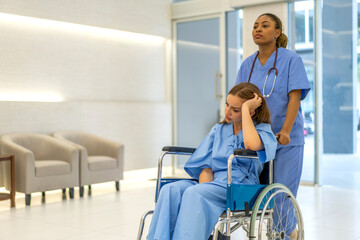Obraz premium Portrait of caring nurse woman service help support discussing and consulting care with sick patien sitting in wheelchair at hospital corridor, caregiver, recovery.healthcare and insurance
