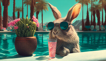 Osterhase trinkt Cocktail am Pool unter Palmen mit Sonnenbrille Werbung Idee Reiseveranstalter Urlaub genießen Generative AI  - obrazy, fototapety, plakaty