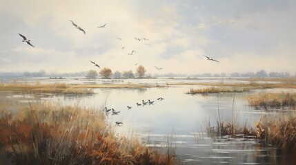 Obraz na płótnie Canvas birds flying over the water