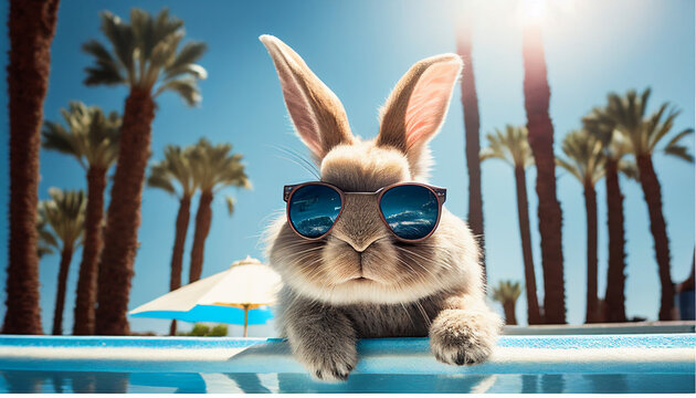 Lustiger Hase im Pool mit Sonnenbrille skurrile Idee Motiv für Reiseveranstalter im Urlaub Werbung Generative AI 