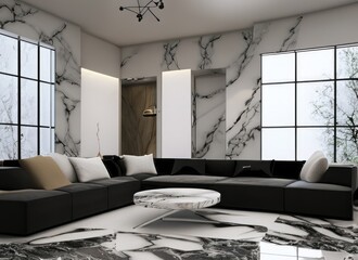 3D rendering large luxury modern bright interiors Living room mockup with white and black marble wallpaper. created with Ai