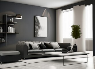 Relaxing room interior with grey corner sofa and coffee table panoramic window. created with Ai 