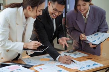 Business meeting account managers crew working search page on computer with new startup project. Idea presentation, analyze plans.
