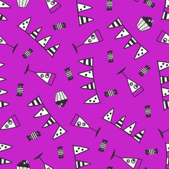 Purple template with festive garland, wine glasses, sweets and cupcakes in naive style