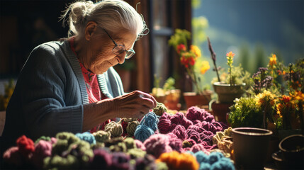 gray-haired grandmother sits at the table sorting out threads and yarn for knitting - obrazy, fototapety, plakaty
