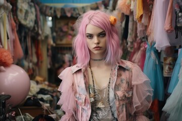 A young woman with vibrant pink hair stands amidst a colorful boutique, exuding a bohemian charm