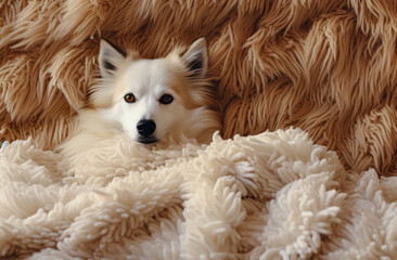 An American Eskimo dog basks in a warm blanket in the warmth of the house.