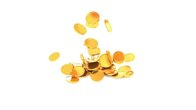 3D animated video of golden coins falling on the ground - 4K video