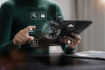 Woman is using a smartphone and tablet to access the cloud computing system , Storage and data transfer Cloud network , Cloud technology. Networking and internet service concept.