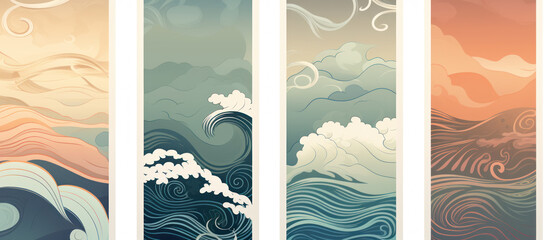 Japanese-Style Landscape Banners with Colorful Wavy Waves