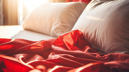 Red bedding sheets and pillow background, Messy bed concept