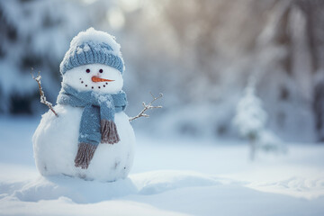 Obraz premium illustration of snowman in the snow. Christmas time. Created with Generative AI