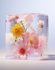 Arrangement of pastel flowers in a ice cube. Minimal contemporary style. 