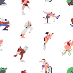 Professional sports, seamless pattern design. People athletes, endless background. Athletics, gymnastics, boxing, tennis and rugby, repeating print. Colored flat vector illustration for fabric