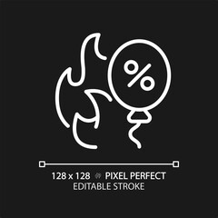 2D pixel perfect editable white flame and balloon discount icon, isolated vector, simple thin line illustration representing discounts.