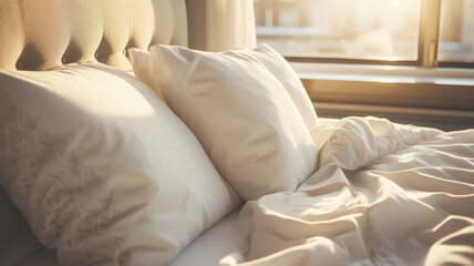 Grey beige bedding sheets and pillow background, Messy bed concept