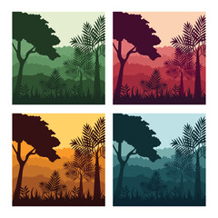 Jungle forest icon vector illustration. Wood and mountain on isolated background. Color panorama sign concept.