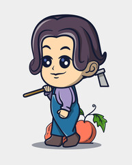 vector illustration of a farmer walking with a hoe with potato plants around. profession icon concept
