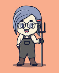 vector illustration of female farmer holding agricultural tools with potato plants around. profession icon concept
