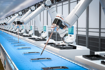 Robot assembly line with smartphone in factory - obrazy, fototapety, plakaty
