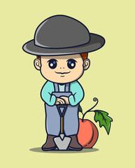 vector illustration of farmer in hat holding shovel with potato plants around. profession icon concept
