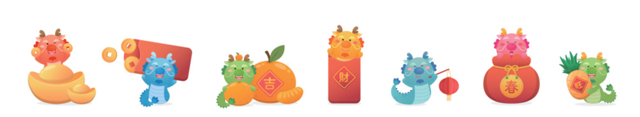 Fototapeta premium Set of cute Chinese dragon characters or mascots or cartoon characters, playful and cute, vector elements for Chinese New Year, translation: good luck and fortune