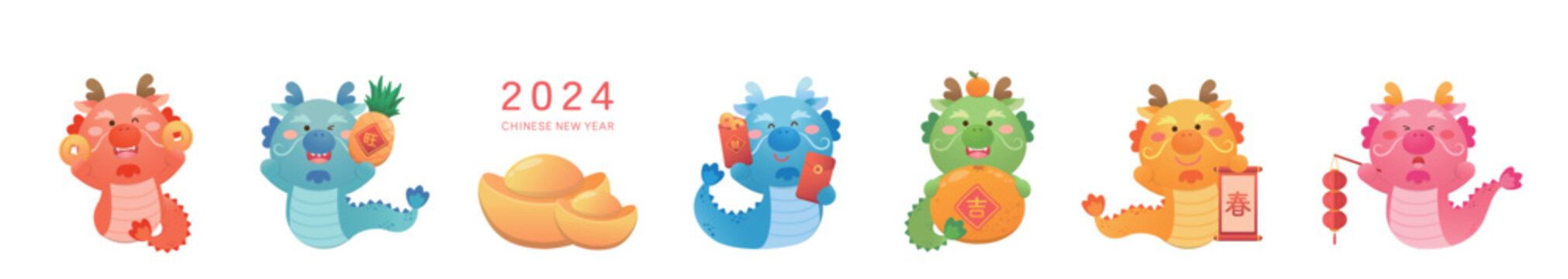 6 cute Chinese dragon characters or mascots or cartoon characters, playful and cute, vector elements for Chinese New Year, translation: spring