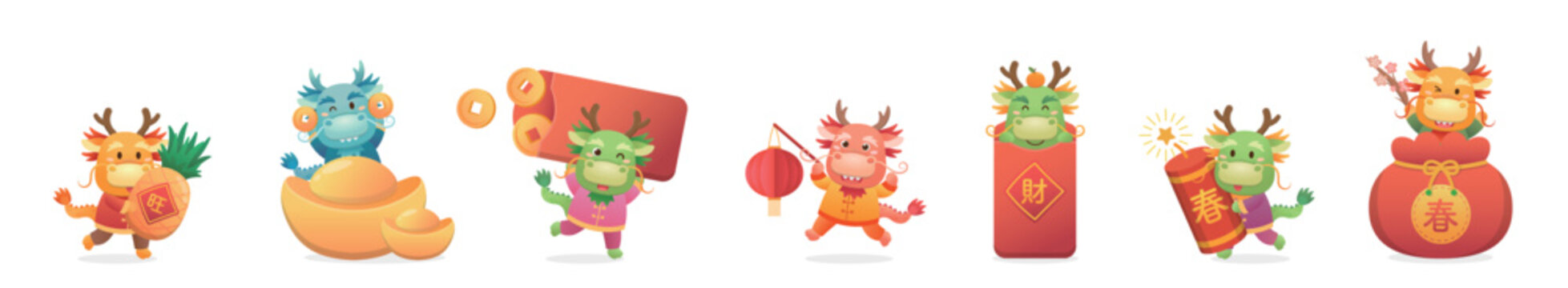 A set of cute Chinese dragon characters or mascots or cartoon characters, playful and cute, vector elements for the Chinese New Year, translation: spring and fortune