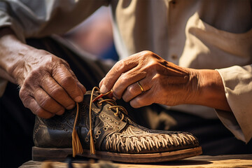 the weary hands of a shoemaker tying the laces of his shoes. Custom Made Shoes. Heritage Craft. 