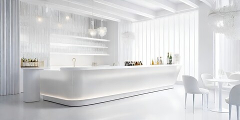 White bar counter , Cafe shop Modern & Loft design, Counter white gloss waiting, Neon text on white gloss wall,Counter cafe top