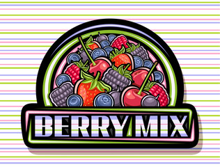 Vector logo for Berry Mix, black decorative sign with illustration of many assorted red and blue wild forest berries with stem, unique brush lettering for text berry mix on colorful striped background