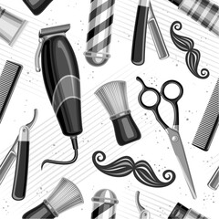 Vector Barbershop Seamless Pattern, repeating background with illustrations of barber shop equipment for wallpaper, decorative square poster with flying flat lay men beauty tools for barbershop decor