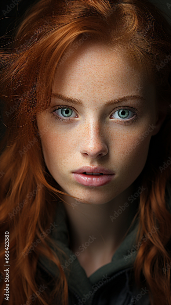 Poster portrait of freckled redhead woman looking at camera, isolated on black. 